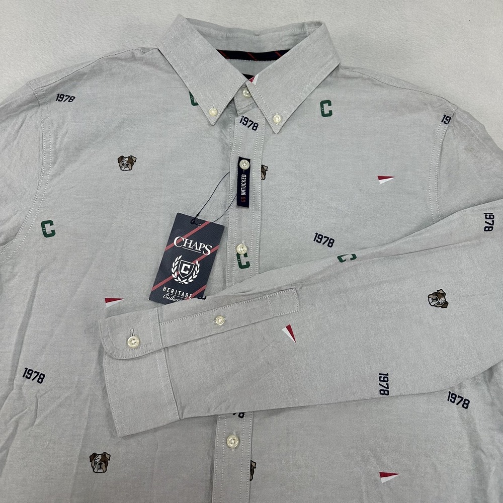 Chaps Shirt Mens Large Grey Stretch Oxford Bulldog 1978 Embroidered Button Down